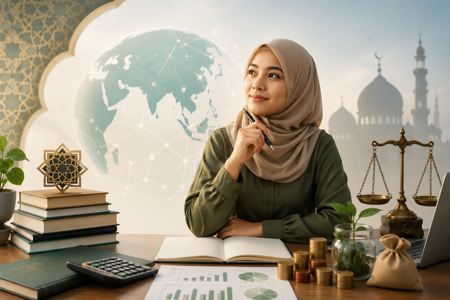 Ilustrasi mahasiswa jurusan Ekonomi Syariah sedang belajar bersama menggunakan laptop dengan suasana islami modern, dilengkapi buku ekonomi, grafik keuangan, dan dekorasi bernuansa syariah.