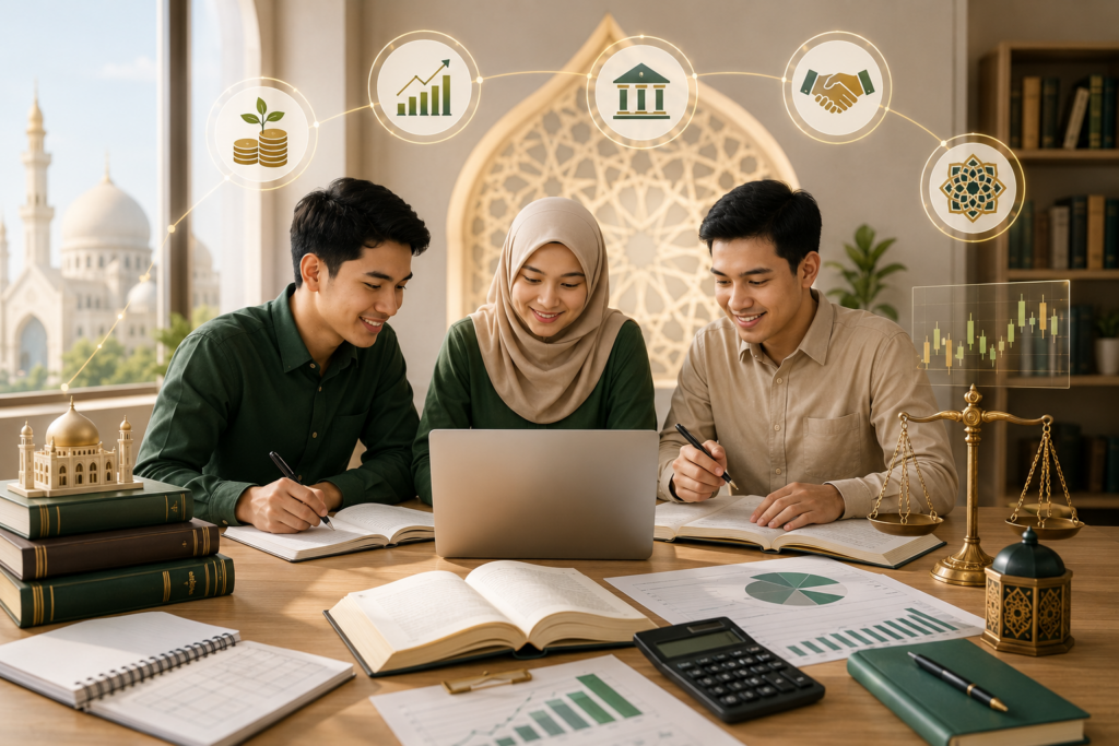 Tiga mahasiswa berdiskusi dan belajar ekonomi syariah di meja belajar dengan laptop, buku, kalkulator, grafik keuangan, serta dekorasi islami dan simbol bisnis syariah di sekitarnya.