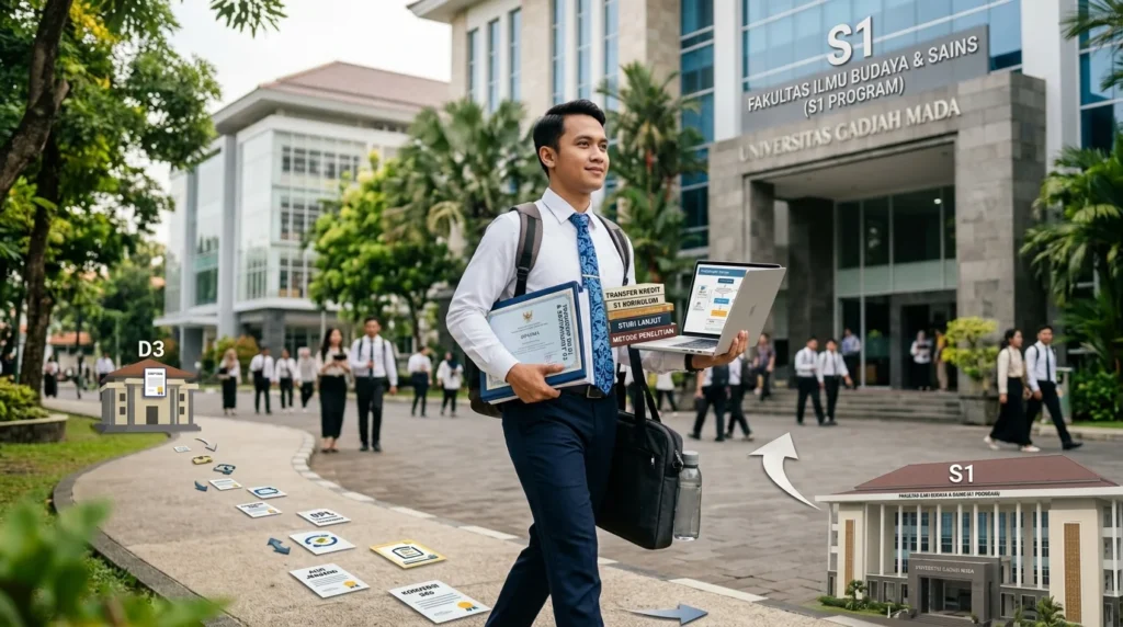 Ilustrasi jalur pendidikan lulusan D3 menuju S1 melalui alih jenjang dan RPL